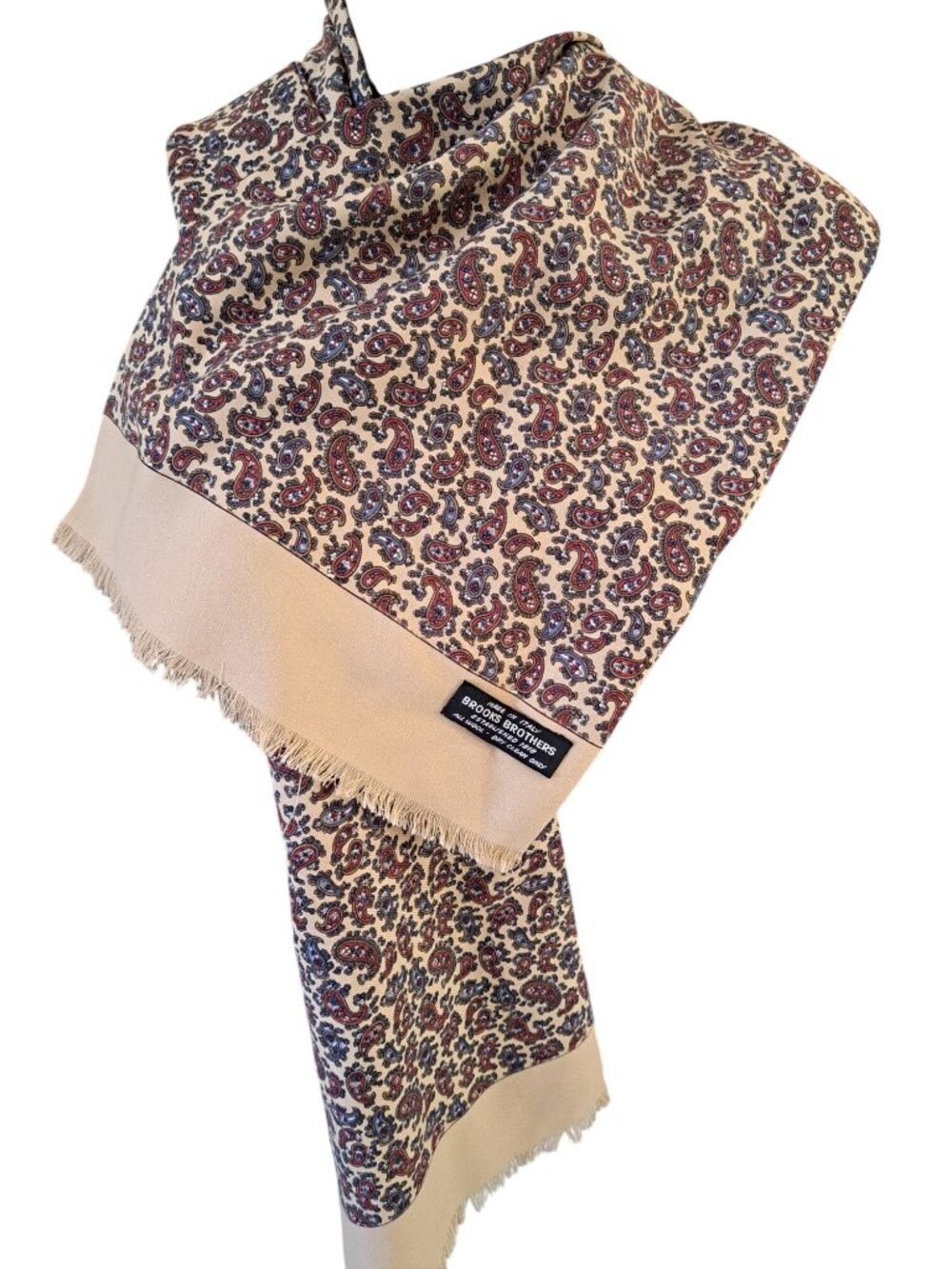 Brooks Brothers Wool Paisley Scarf Beige & Blue Made In Italy Classic Women's OS